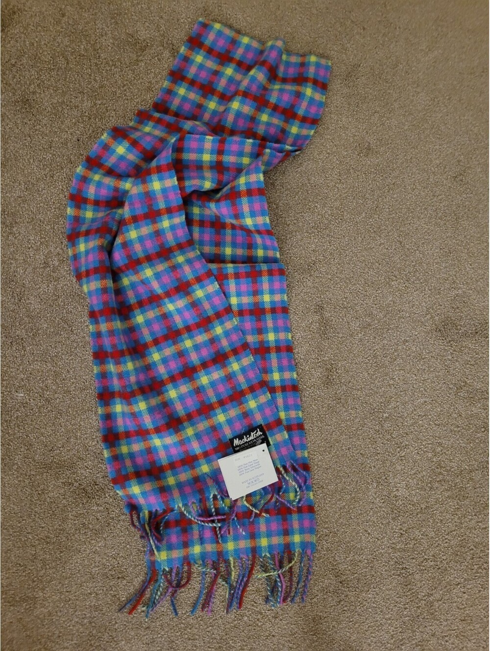Mackintosh Scotland Lambswool Bright plaid scarf Fringe 66" x 10" Preppy NWT - Picture 2 of 4